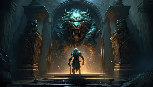 Manticore guards entrance to underworld. Illustration fantasy by generative IA