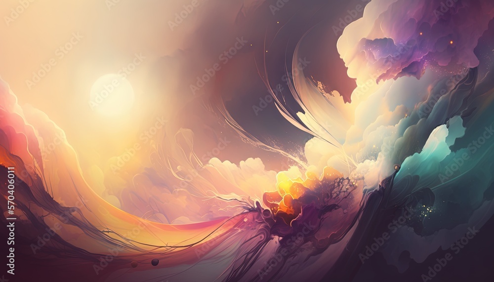 Poster a painting of a colorful sky with clouds and a sun in the distance with a few clouds in the sky and 