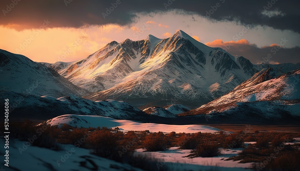 Poster a snowy mountain range under a cloudy sky with a sunset in the background and clouds in the foregrou