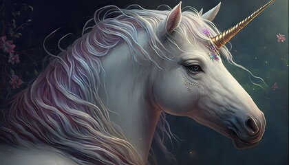 Naklejka na ściany i meble Mystic unicorn grants wishes to pure of heart. Illustration fantasy by generative IA