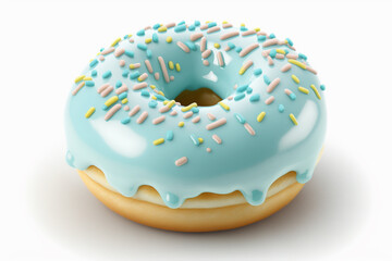 Tasty donut with blue icing and colorful sprinkles isolated on white background. Photorealistic 3D illustration made with generative AI.