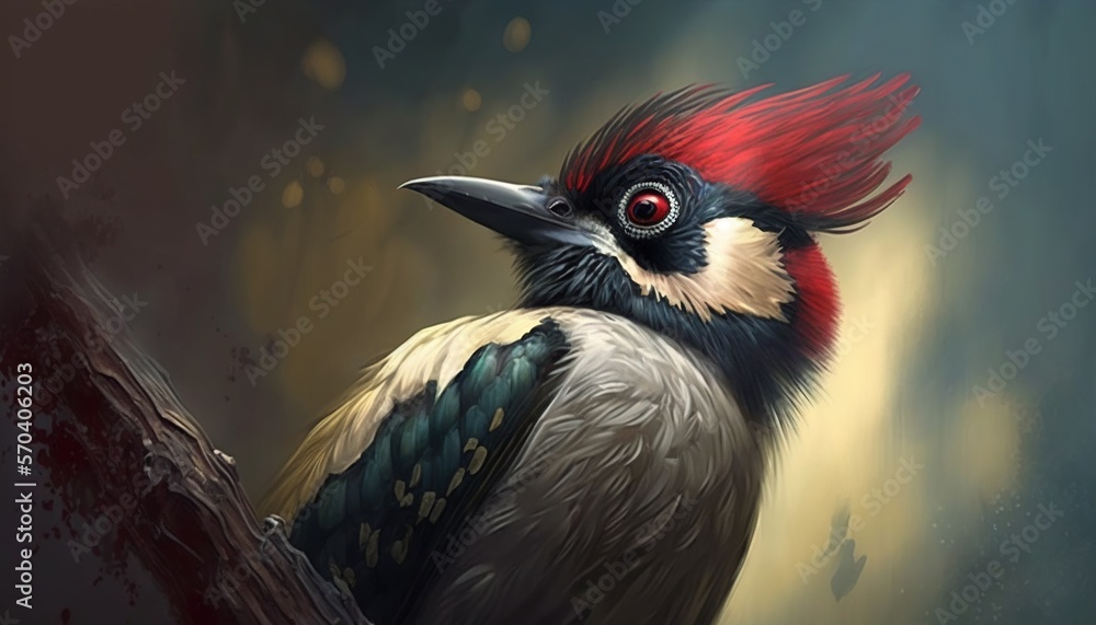 Poster a bird with red feathers sitting on a tree branch in the dark night sky with a red - headed bird on 