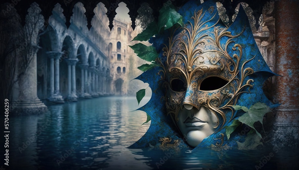 Poster a blue mask with leaves on it sitting next to a body of water with a building in the background and 