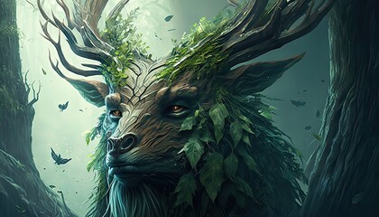 Forest spirit protects endangered creatures. Illustration fantasy by generative IA - obrazy, fototapety, plakaty