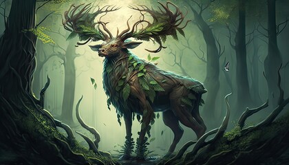 Forest spirit protects endangered creatures. Illustration fantasy by generative IA