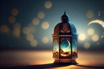 Fototapeta Ramadan Kareem - Moon And Arabian Lantern With Blue Sky At Night With Abstract Defocused Lights - Eid Ul Fitr (ai generated) obraz