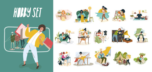 Relaxing pleasant activities for pleasure and joy. Outdoor and indoor uplifting items, happy women and men enjoying their vacation. Hobby set. Flat graphic vector illustration isolated on white .