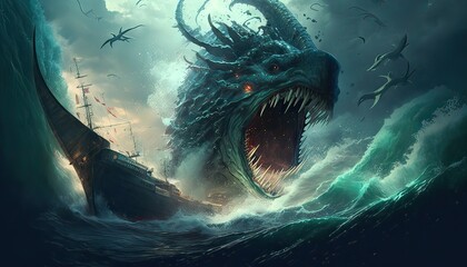 Sea serpent attacks ships in treacherous waters. Illustration fantasy by generative IA - obrazy, fototapety, plakaty