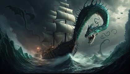 Sea serpent attacks ships in treacherous waters. Illustration fantasy by generative IA - obrazy, fototapety, plakaty