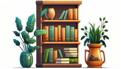  a bookshelf with a potted plant next to it and a vase with a plant in it next to a book shelf with books.  generative ai
