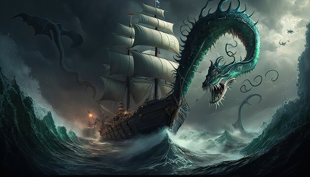 Sea serpent attacks ships in treacherous waters. Illustration fantasy by generative IA