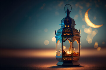 Fototapeta Ramadan Kareem - Moon And Arabian Lantern With Blue Sky At Night With Abstract Defocused Lights - Eid Ul Fitr (ai generated) obraz