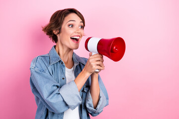 Photo of attractive activist youngster pretty woman wear denim jacket hold loudspeaker news...