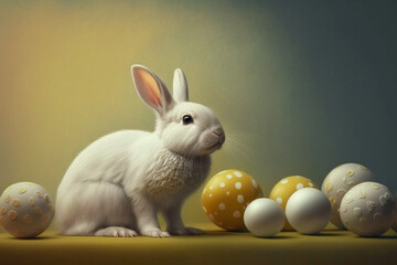 Fototapeta na wymiar White easter bunny with yellow and white easter eggs