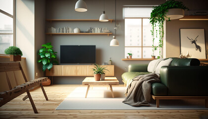  a living room with a couch, coffee table, and a television on a stand in it's corner with a plant in the corner.  generative ai