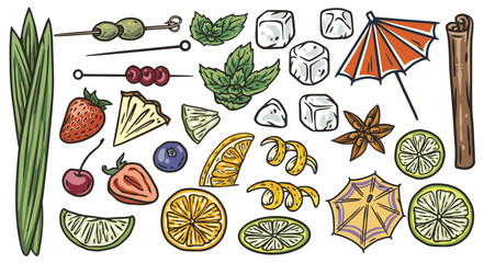 Fruit set with orange, mint, lime and pineapple for bartending or summer design. Set of fruits withcherry, olive, orange peel, orange peel and ice cubes for cocktail barman or exotic beach bar