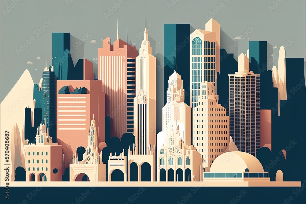 Poster horizontal illustration template of a cityscape representing the notion of a city generative ai