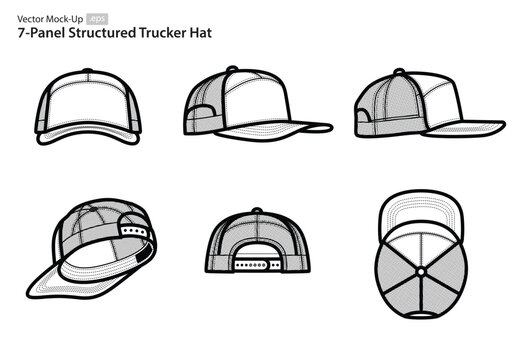 7-Panel Structured Trucker Hat Vector Mock-Ups (Multiple Orientations)