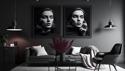  a black and white photo of a living room with two paintings of a woman on the wall and a chair in the corner of the room.  generative ai