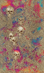 Abstract digital painting engraving of skull among cell structure. Digital image dead nature in antique ink illustration style. Generative ai