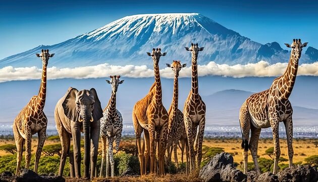  a group of giraffes and zebras standing in front of a mountain with a snow capped peak in the background of the picture.  generative ai