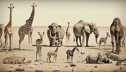  a group of animals that are standing in the dirt and dirt ground with a giraffe, zebra, elephant, giraffe, and other animals.  generative ai