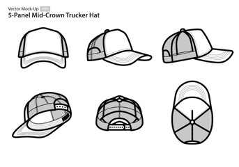 5-Panel Structured Mid-Crown Trucker Hat Vector Mock-Ups (Multiple Orientations)