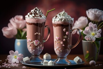 Artistic beautiful romance two hot chocolate with whipped cream beverage serve in glass cup with cherry blossom branch, idea for background or wallpaper, Generative Ai