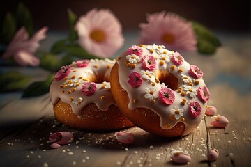 Obraz na płótnie Canvas two donuts decorated with Sakura flower pink and white color, idea for spring season or romantic love concept background wallpaper, Generative Ai