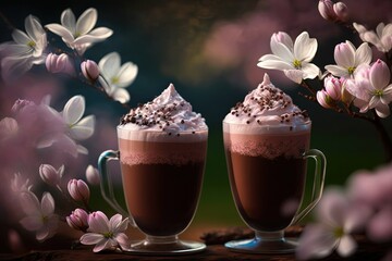 Artistic beautiful romance two hot chocolate with whipped cream beverage serve in glass cup with cherry blossom branch, idea for background or wallpaper, Generative Ai