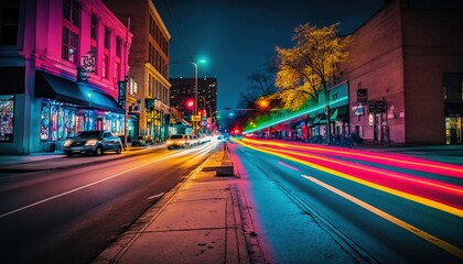  a city street at night with traffic lights and buildings on both sides of the street and brightly colored lines on the street and buildings on the other side of the street.  generative ai