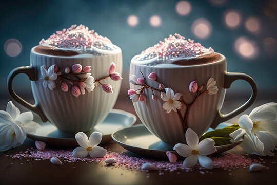 Artistic beautiful romance two hot chocolate with whipped cream beverage serve in glass cup with cherry blossom branch, idea for background or wallpaper, Generative Ai
