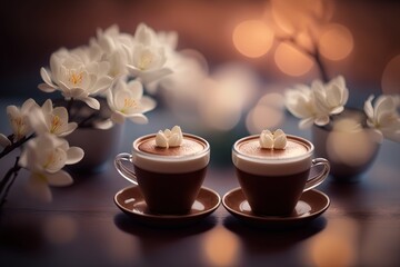 Obraz na płótnie Canvas Artistic beautiful romance two hot chocolate with whipped cream beverage serve in glass cup with cherry blossom branch, idea for background or wallpaper, Generative Ai