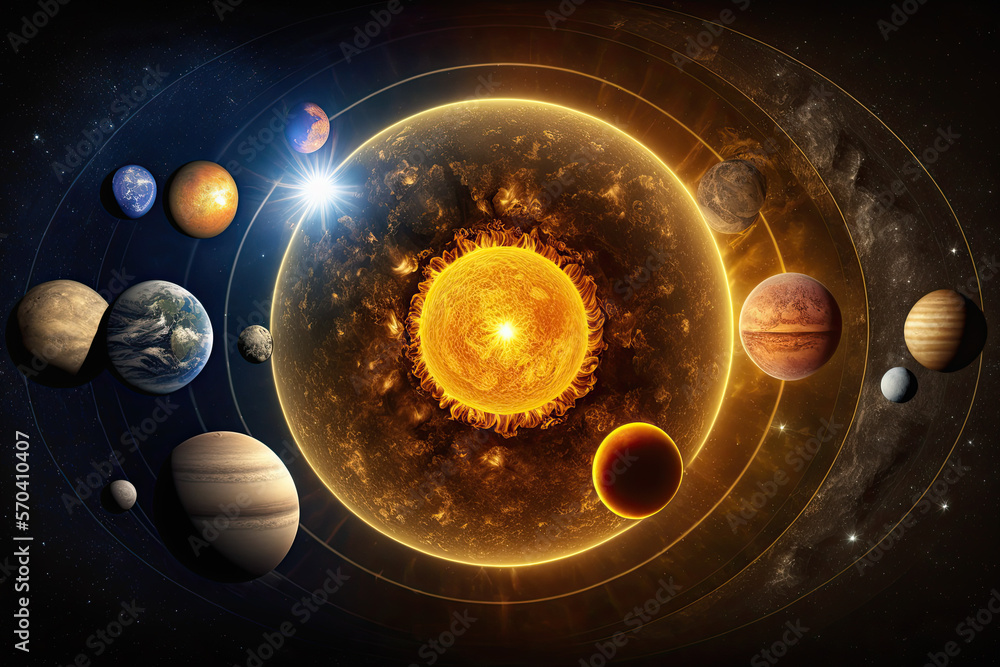 Poster unreal fantastic scheme of the solar system with the sun and planets in space. generative ai