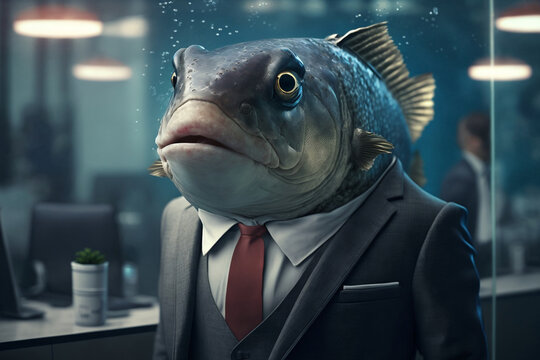 Portrait of a Fish Dressed in a Formal Business Suit at The Office, Boss Fish, Generative Ai