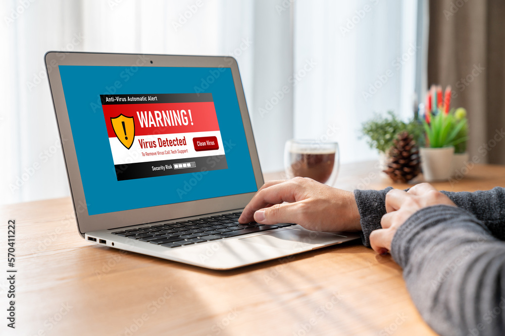Poster virus warning alert on computer screen detected modish cyber threat , hacker, computer virus and mal