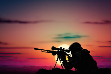 Fototapeta na wymiar Sniper silhouette at sunset Generative AI