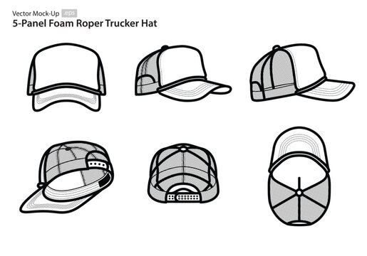 5-Panel Foam Roper Trucker Hat Vector Mock-Ups (Multiple Orientations)