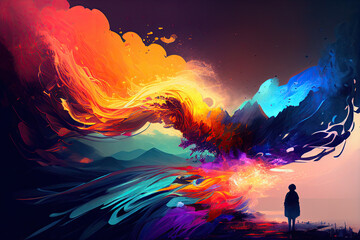 Obraz premium Woman looking at colorful post-apocalyptic landscape - Ai Generated