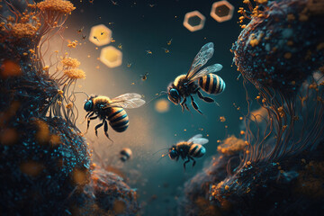 Fototapeta na wymiar Bees flying through the cosmos - Cosmic Animals Series - Cosmic Bees background wallpaper created with Generative AI technology 