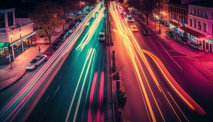 Obraz premium a city street filled with lots of traffic and traffic lights at night with long exposure of cars driving down the street and buildings on both sides of the street. generative ai