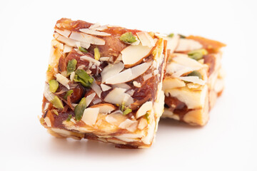 Khajur Barfi Or Khajoor Dry Fruits Burfi Made Of Dates, Anjeer, Kaju, Cashew Nuts, Raisins, Kismis, Pista, Poppy Seeds, Almonds, Pistachio, Badam, Mawa Are Rich In Dietary Fiber, Proteins And Vitamins