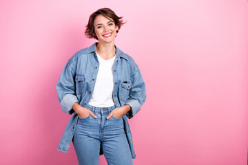 Photo poster advertisement of young model posing hands pockets retro style denim shirt with jeans...