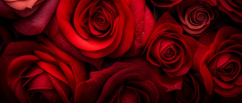 Banner full of multiple red roses, top view. Red roses panoramic background. Fresh dark red rose close up texture for St. Valentine's Day or Sant Jordi. Rose blossom. Generative AI.