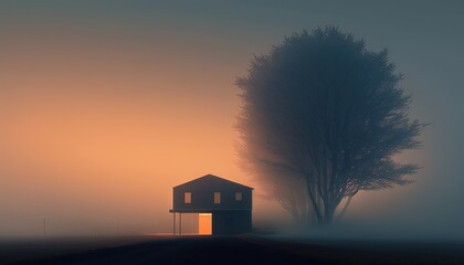 Obraz na płótnie Canvas a house sitting in the middle of a foggy field with a tree in front of it and a light at the end of the door. generative ai