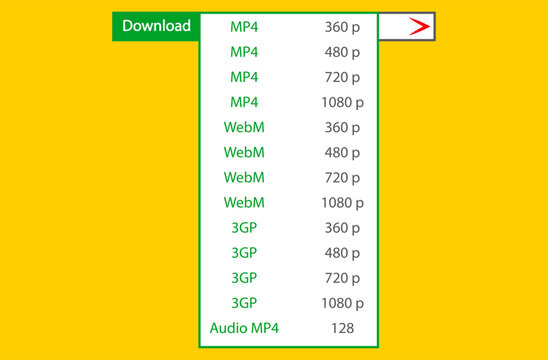 drop-down green menu with video formats and resolution from the search window with the "download" button