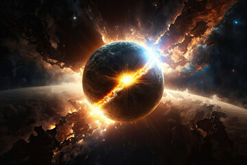 explosion of a planet in outer space. Concept of catastrophe cataclysms of armageddon. Generative AI