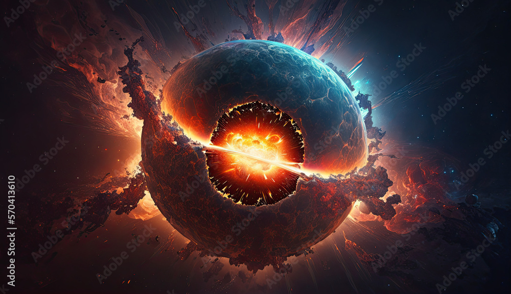 Wall mural explosion of a planet in outer space from a collision with a meteorite. concept of catastrophe catac