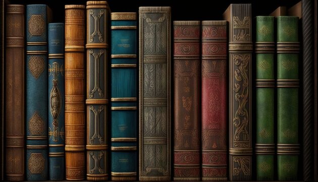  a row of books sitting on top of a wooden shelf next to a wall filled with lots of different colored bookcases on a black background.  generative ai