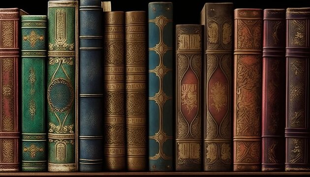  a row of books sitting on top of a wooden book shelf next to a wall of books on a black background with a black background.  generative ai
